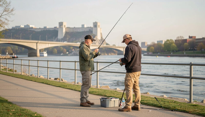 Two anglers checking tackle on a riverside walkway with the Niagara River flowing behind them