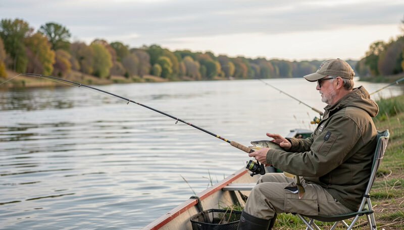 Angler sitting beside calm river water with a fishing rod