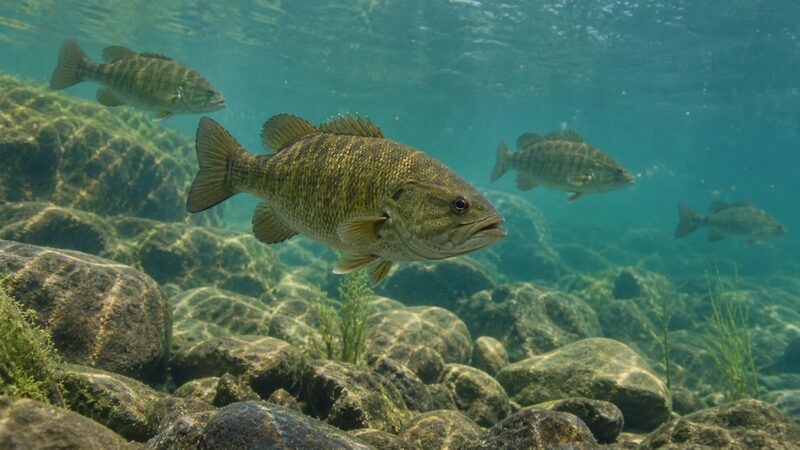 Smallmouth bass swimming above sunlit stones in clear green water