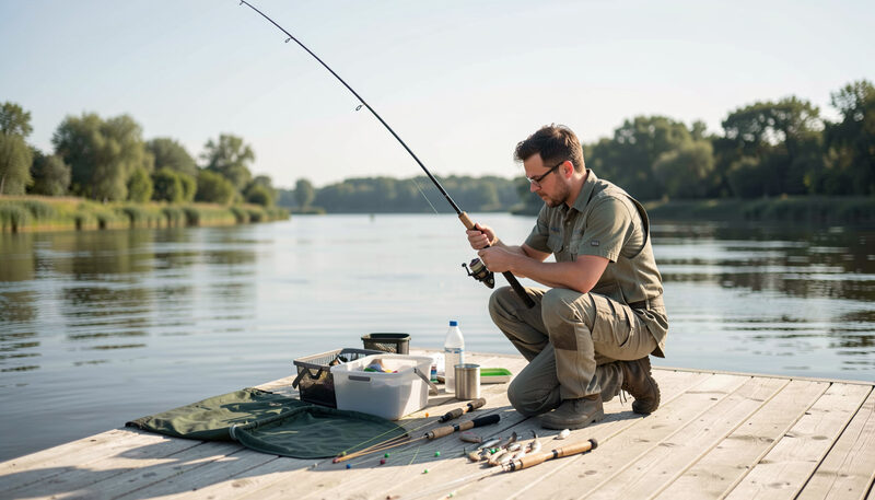 An angler organizing tackle on a wooden dock with the river behind on a clear morning