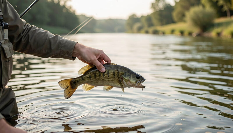 An angler holding a smallmouth bass above the water beside the river in soft morning light