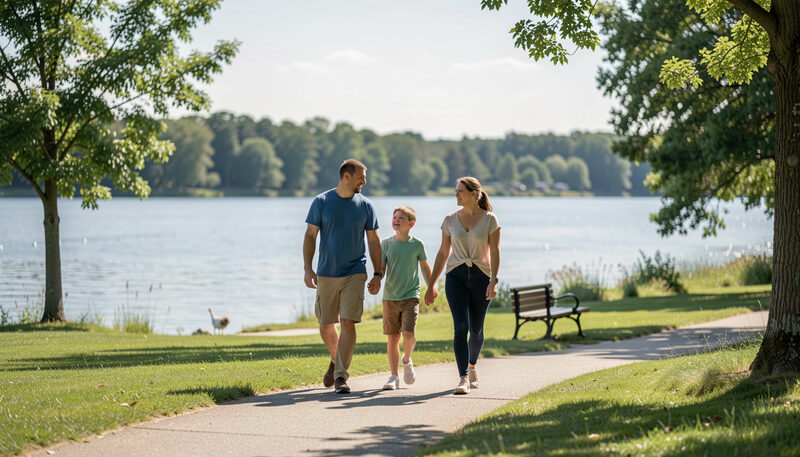 A family walking along an Ontario shoreline park with the river in the background on a sunny day