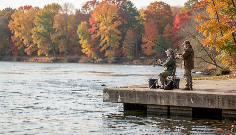 Anglers casting from a concrete platform in the lower river during autumn with colorful trees behind