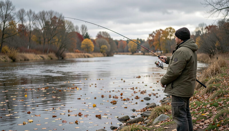 The river in late autumn with drifting leaves, grey sky and an angler in a warm jacket casting from shore