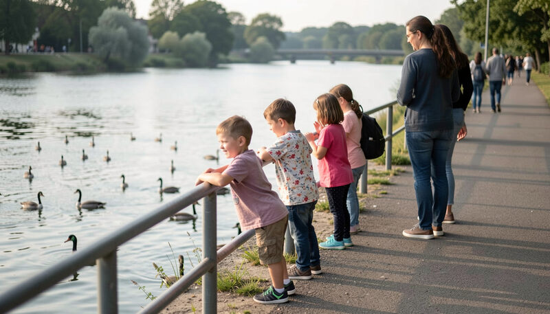 Children watching waterfowl from a riverside railing while parents stand nearby on a paved path