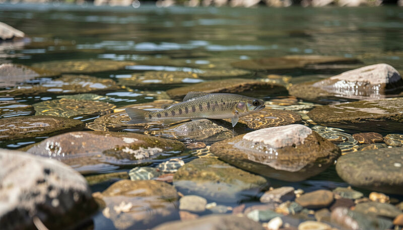 Clear river water showing rocky bottom where a smallmouth bass swims near submerged stones