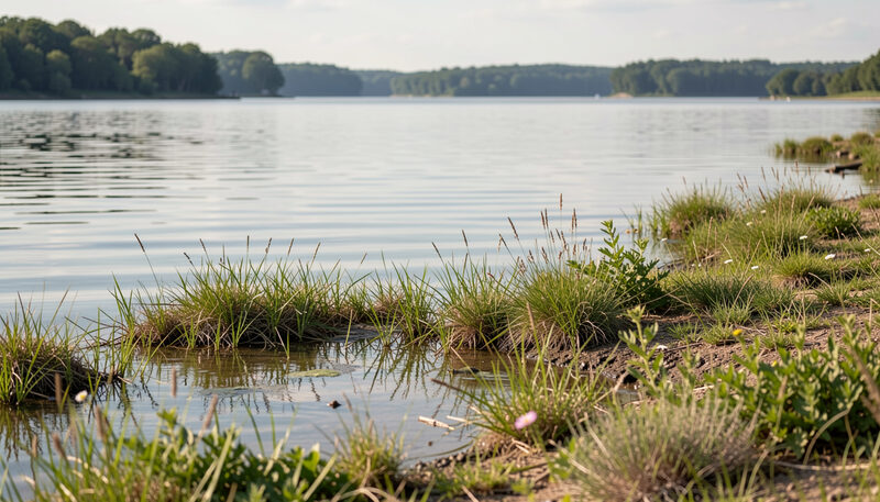 Shallow vegetated shoreline of the upper Niagara River with calm water and distant tree lined islands