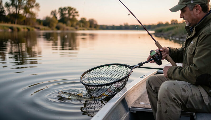 An angler in a boat at dusk netting a walleye with calm river water and soft evening light